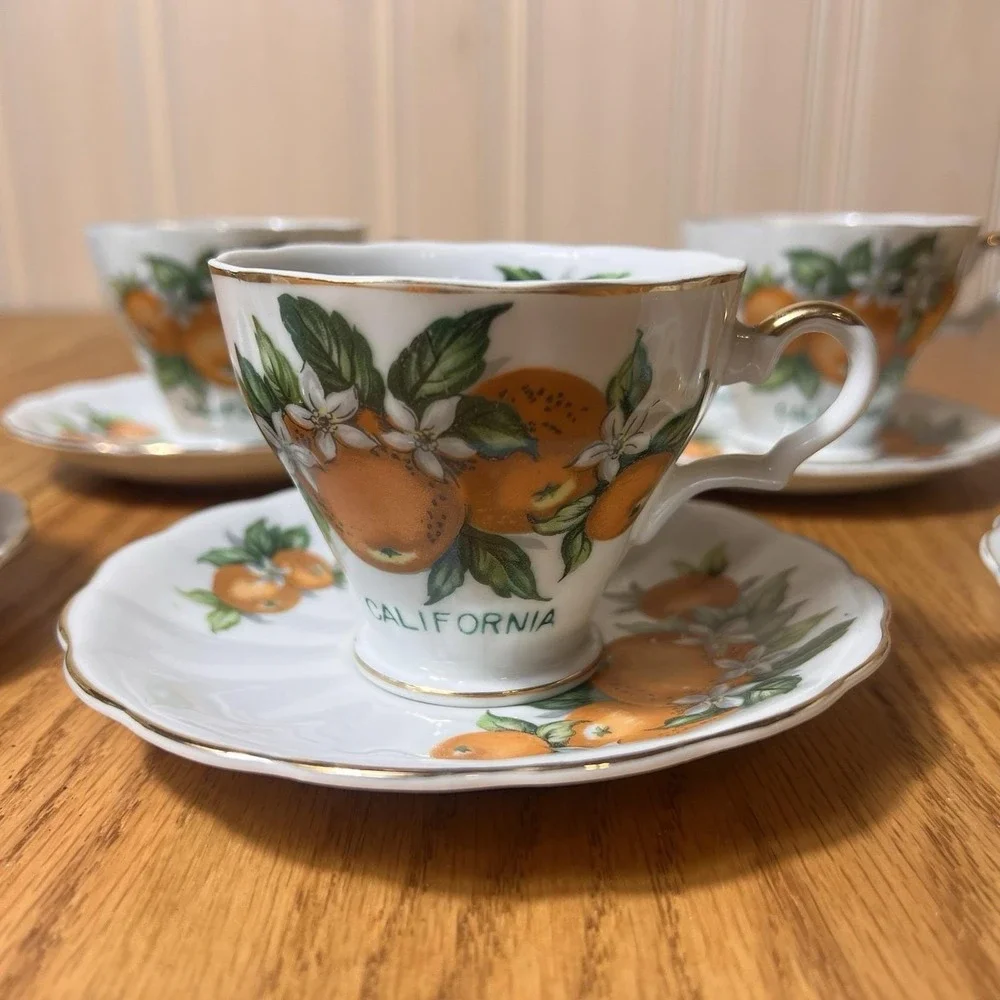 VTG California Orange Tea Cups & Saucers Set of 5 E.W. Princess Hand Painted